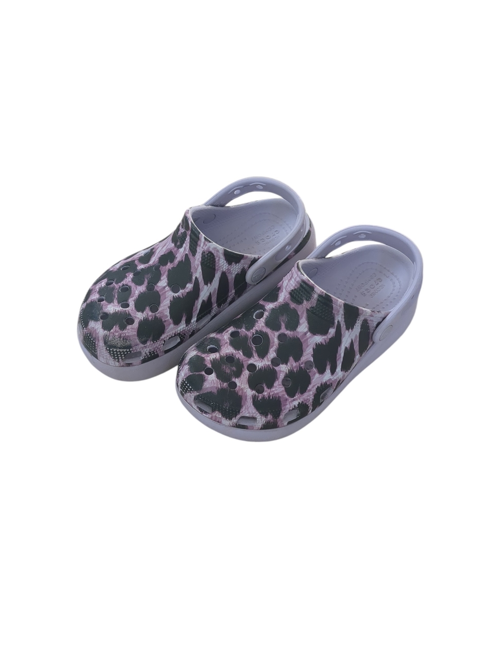 CROCS Kids Leopard Print Slip-On Clogs in Lavender and Black